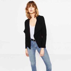 Zara Frayed Black Tweed Open Front Blazer